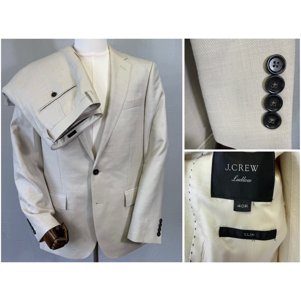 J.Crew Ludlow Suit Mens 40R 34W Beige Wool Silk Linen Vitale Barberis Canonico